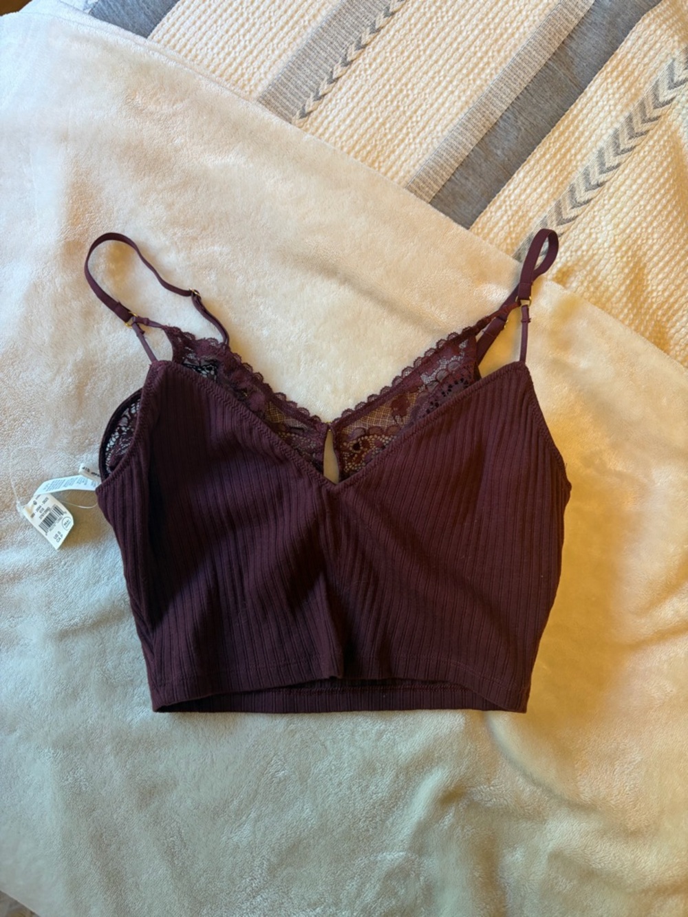 Aerie Ribbed Lace-Trim Crop Bralette in Plum